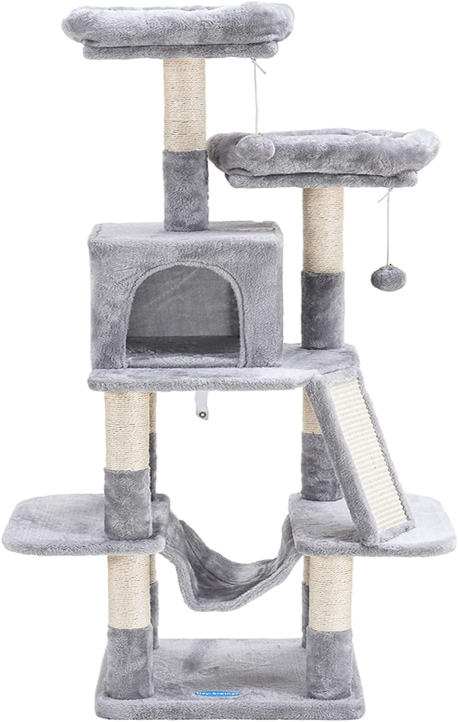 Cat Tree for Indoor Cats, 53 Inch Cat Tower with Scratch Posts, Sturdy Cat House with Cat Condo, 2 Well-Padded Cat Perches, Cat Hammock and Fur Balls Cat Toy Light Gray MPJ017W