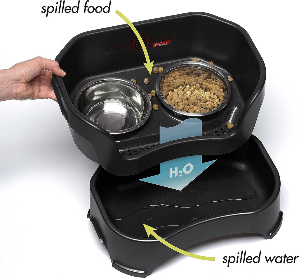 Neater Feeder Deluxe Mess-Proof Elevated Dog Bowls for Large Dogs (40+ Lbs), 2 Height Adjustable (14.5” & 17.5”) No-Spill Raised Dog Bowl Stand, Stainless Steel Food Bowl Set, Made in USA, Black