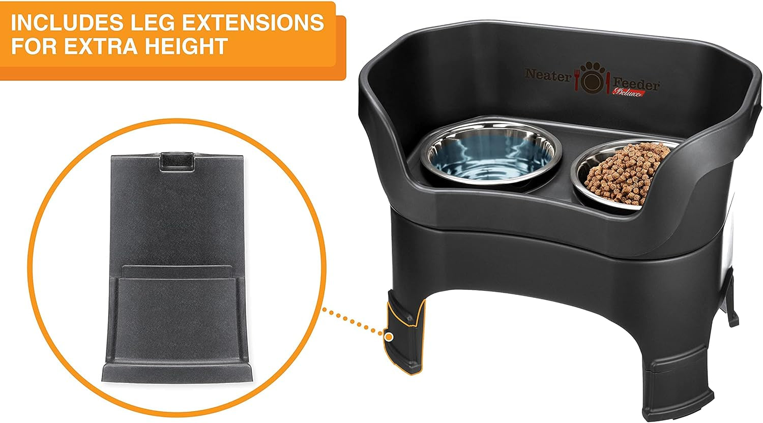 Neater Feeder Deluxe Mess-Proof Elevated Dog Bowls for Large Dogs (40+ Lbs), 2 Height Adjustable (14.5” & 17.5”) No-Spill Raised Dog Bowl Stand, Stainless Steel Food Bowl Set, Made in USA, Black