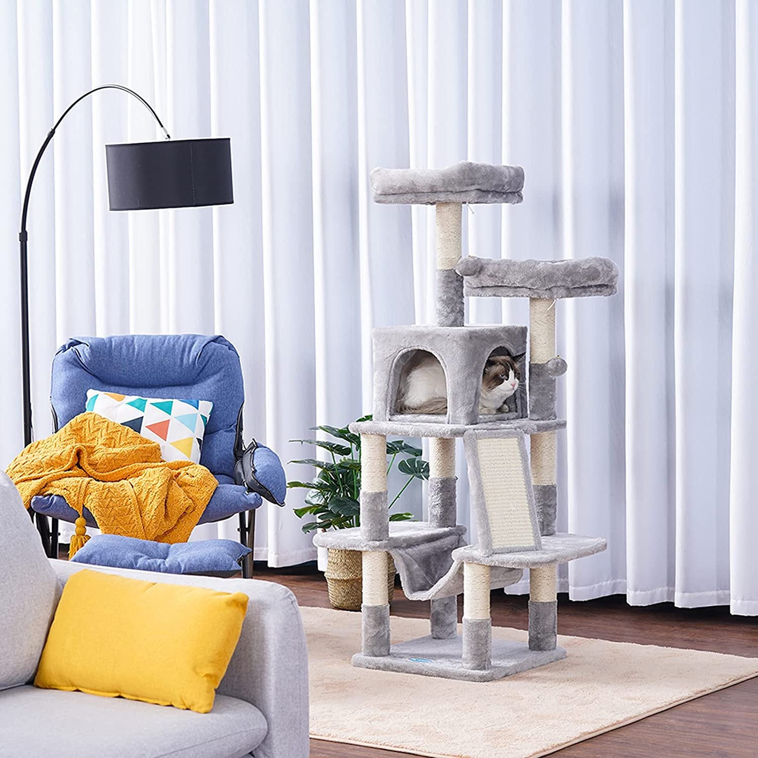 Cat Tree for Indoor Cats, 53 Inch Cat Tower with Scratch Posts, Sturdy Cat House with Cat Condo, 2 Well-Padded Cat Perches, Cat Hammock and Fur Balls Cat Toy Light Gray MPJ017W