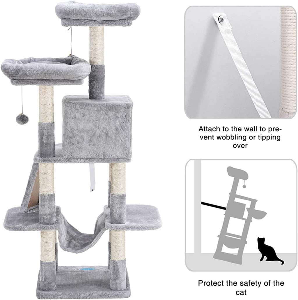 Cat Tree for Indoor Cats, 53 Inch Cat Tower with Scratch Posts, Sturdy Cat House with Cat Condo, 2 Well-Padded Cat Perches, Cat Hammock and Fur Balls Cat Toy Light Gray MPJ017W