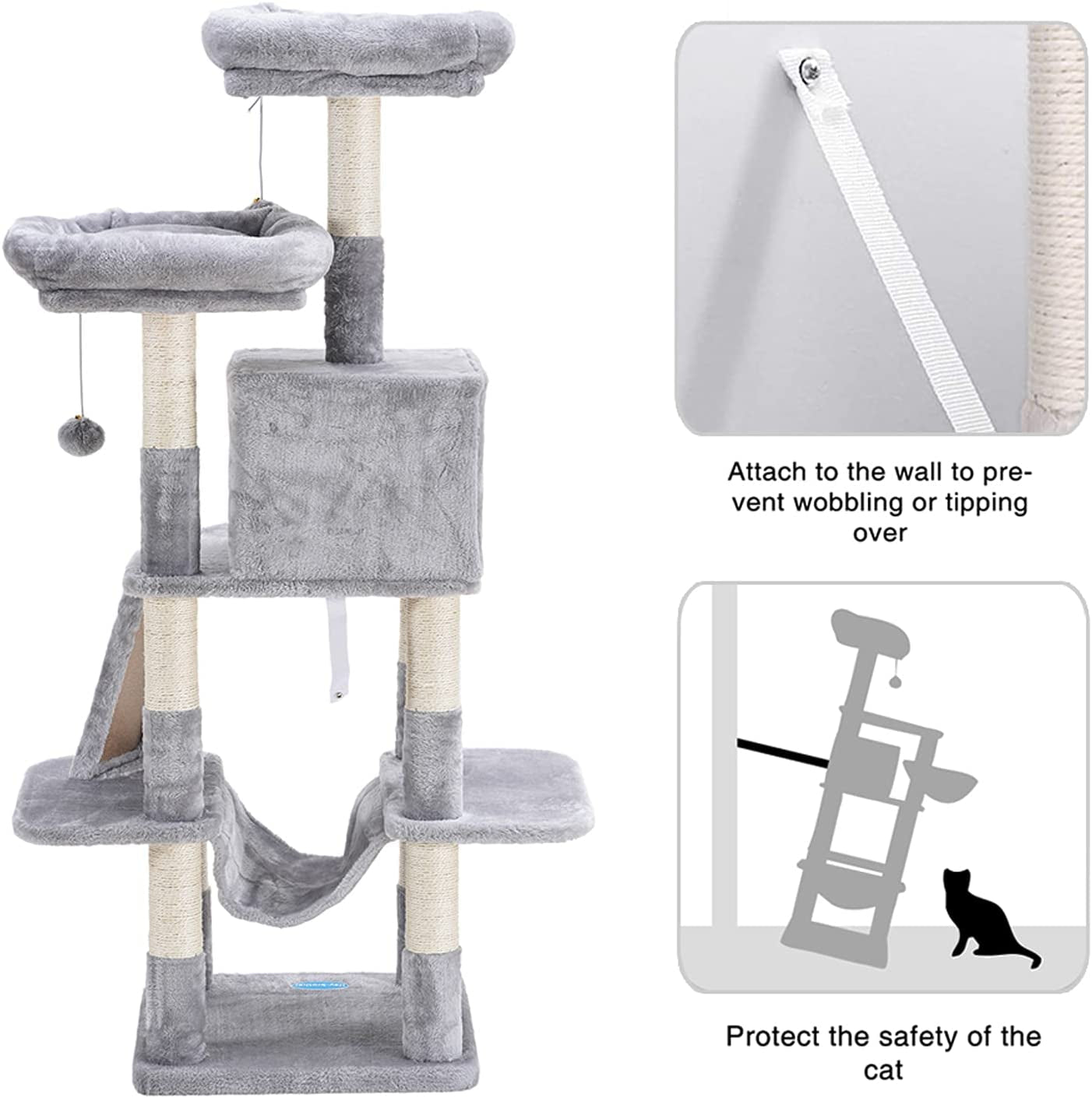 Cat Tree for Indoor Cats, 53 Inch Cat Tower with Scratch Posts, Sturdy Cat House with Cat Condo, 2 Well-Padded Cat Perches, Cat Hammock and Fur Balls Cat Toy Light Gray MPJ017W