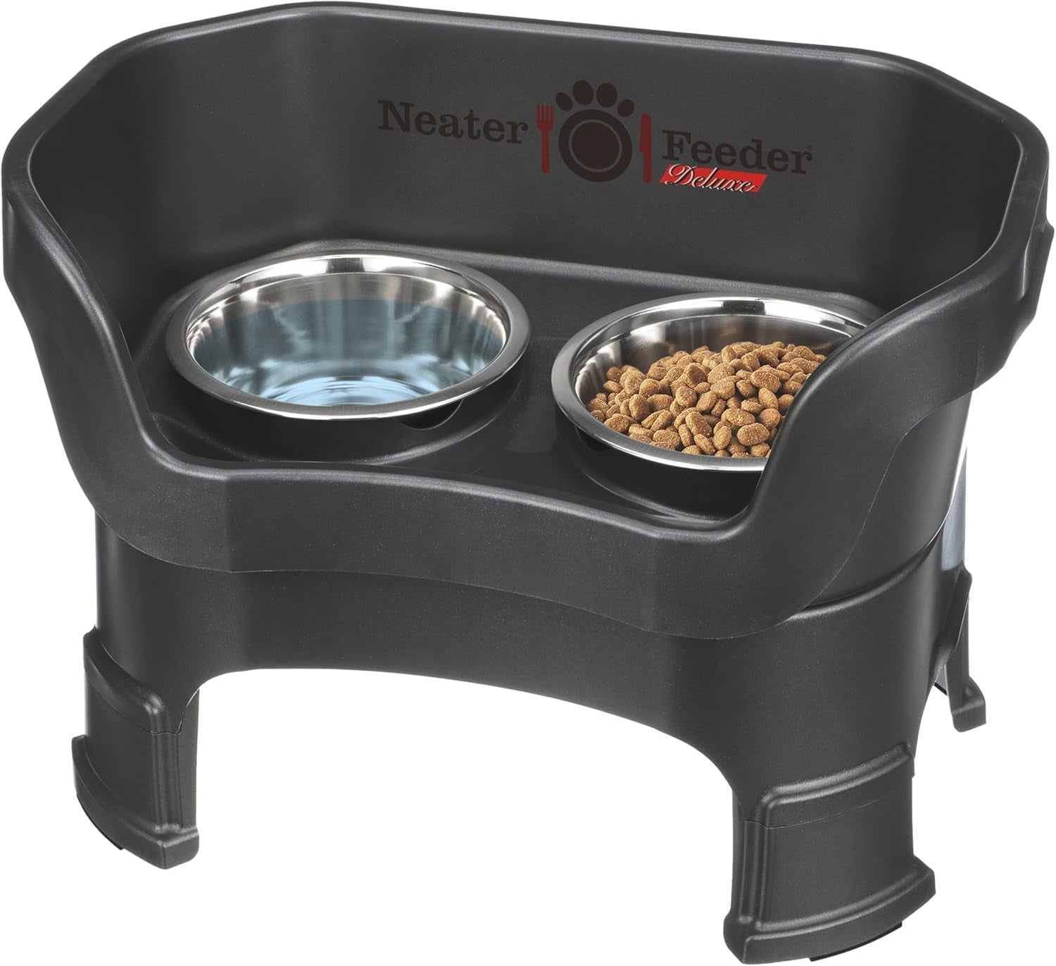 Neater Feeder Deluxe Mess-Proof Elevated Dog Bowls for Large Dogs (40+ Lbs), 2 Height Adjustable (14.5” & 17.5”) No-Spill Raised Dog Bowl Stand, Stainless Steel Food Bowl Set, Made in USA, Black