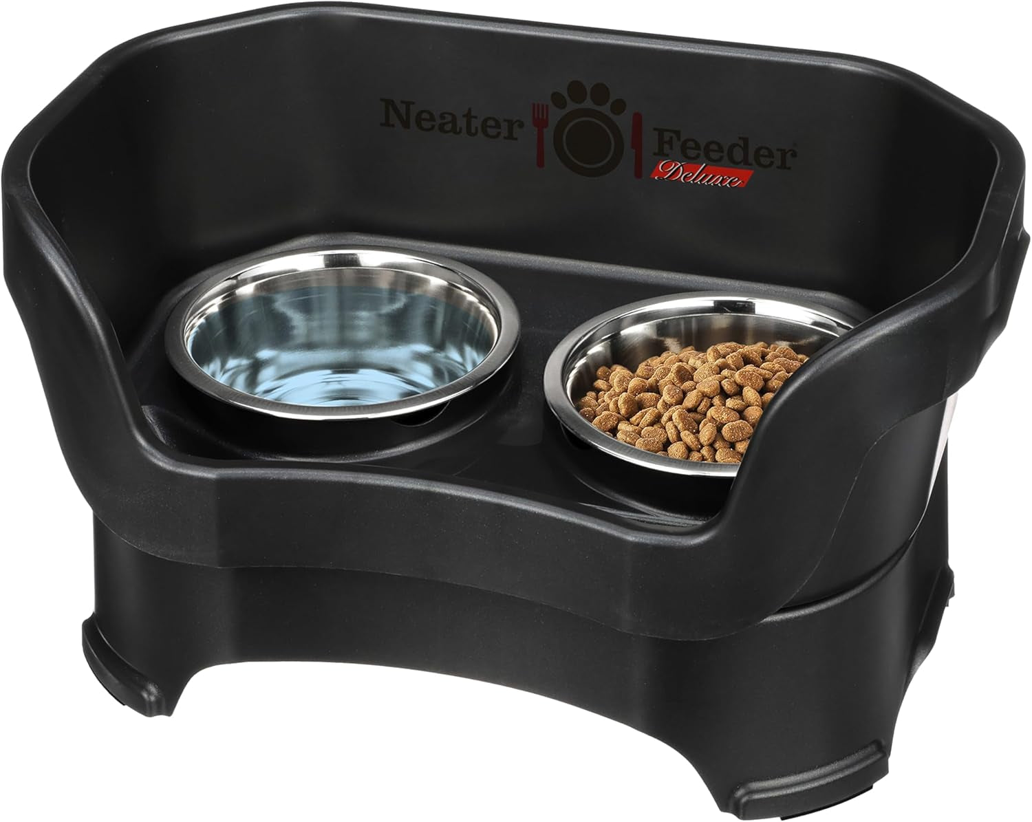 Neater Feeder Deluxe Mess-Proof Elevated Dog Bowls for Large Dogs (40+ Lbs), 2 Height Adjustable (14.5” & 17.5”) No-Spill Raised Dog Bowl Stand, Stainless Steel Food Bowl Set, Made in USA, Black