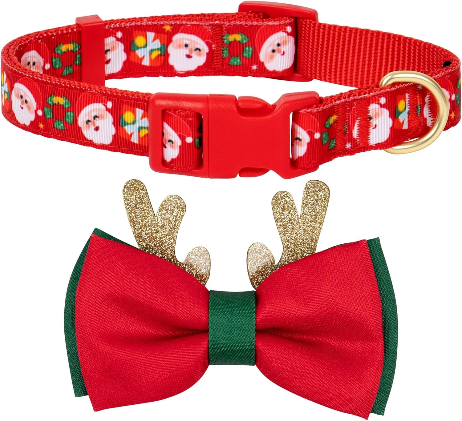 Christmas Dog Collar, Plaid Dog Collar and Cute Glitter Reindeer Antler with Bowtie, Soft & Comfy Xmas Dog Collars, for Large Dogs