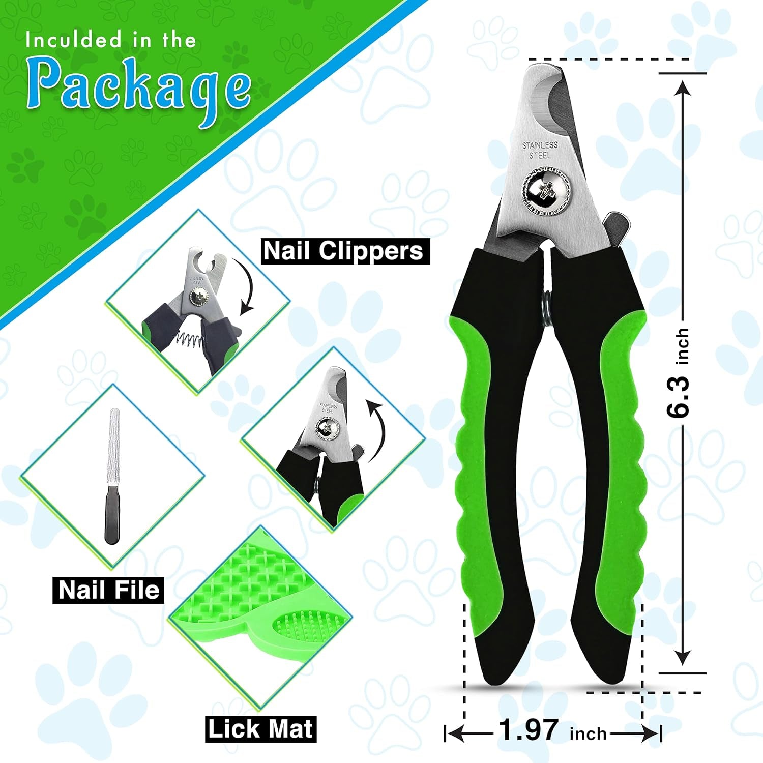 Superfunstuffs Dog Nail Clippers - Dog and Cat Pet Nail Trimmers with Nail File | Grooming Tool for Pets with Lick Mat - Professional Nail Clippers for Small Medium Large Breeds, Green