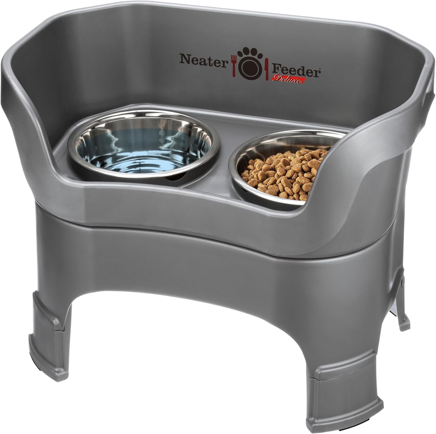 Neater Feeder Deluxe Mess-Proof Elevated Dog Bowls for Large Dogs (40+ Lbs), 2 Height Adjustable (14.5” & 17.5”) No-Spill Raised Dog Bowl Stand, Stainless Steel Food Bowl Set, Made in USA, Black