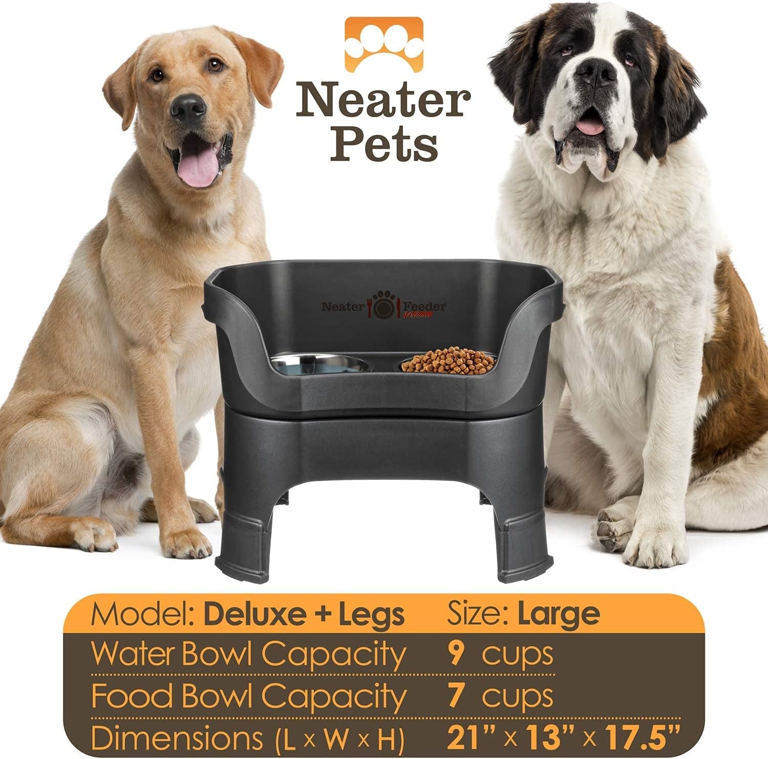 Neater Feeder Deluxe Mess-Proof Elevated Dog Bowls for Large Dogs (40+ Lbs), 2 Height Adjustable (14.5” & 17.5”) No-Spill Raised Dog Bowl Stand, Stainless Steel Food Bowl Set, Made in USA, Black