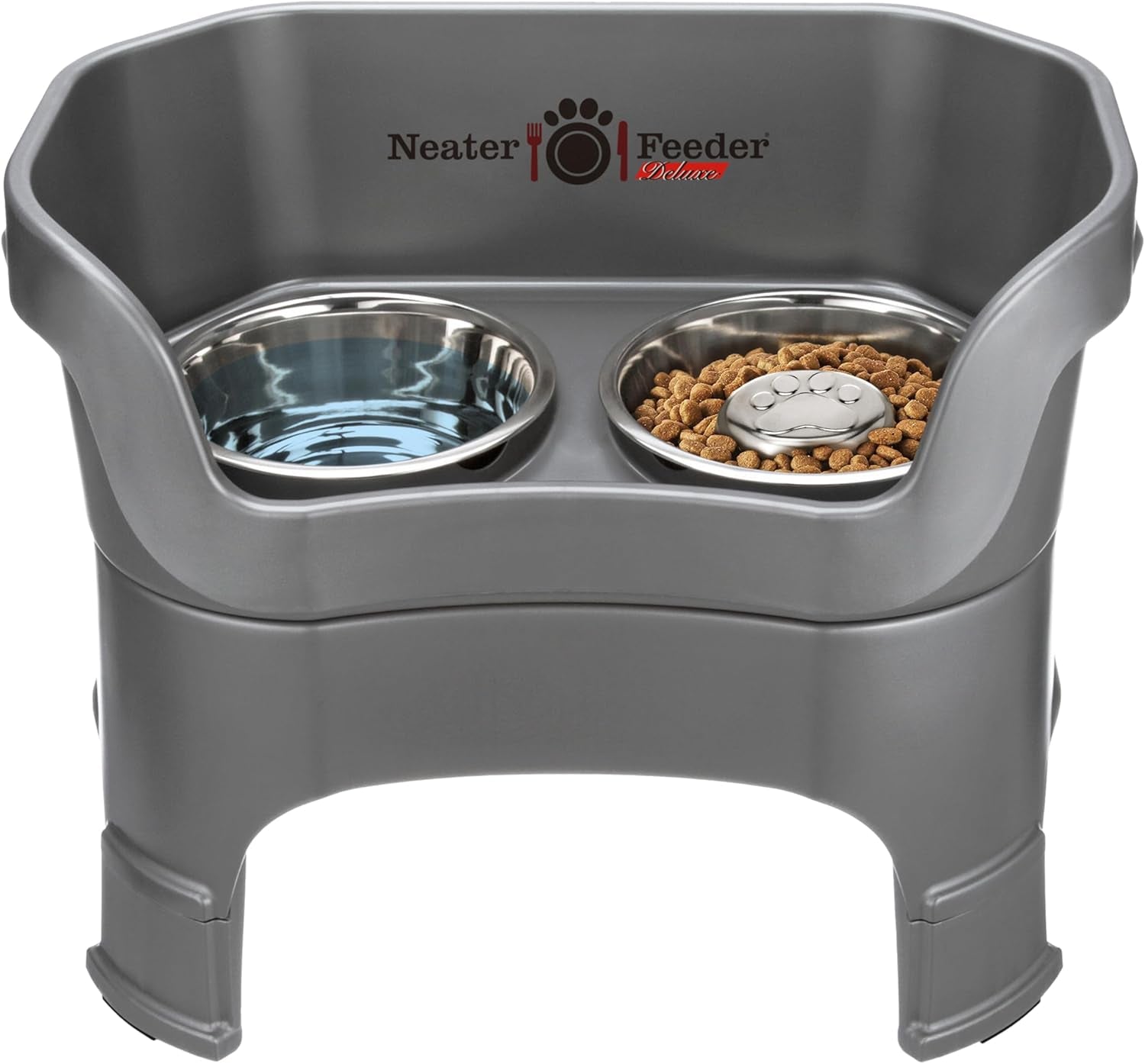Neater Feeder Deluxe Mess-Proof Elevated Dog Bowls for Large Dogs (40+ Lbs), 2 Height Adjustable (14.5” & 17.5”) No-Spill Raised Dog Bowl Stand, Stainless Steel Food Bowl Set, Made in USA, Black