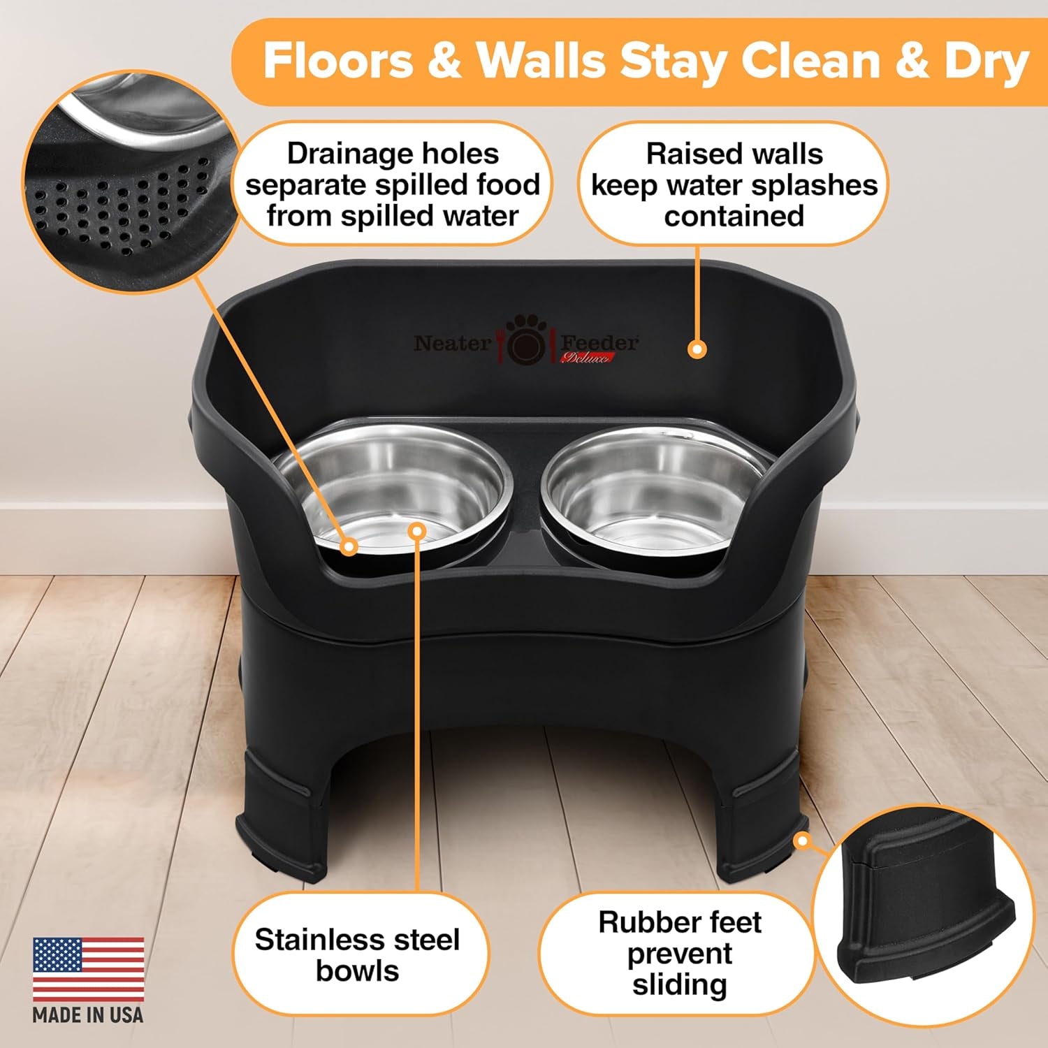 Neater Feeder Deluxe Mess-Proof Elevated Dog Bowls for Large Dogs (40+ Lbs), 2 Height Adjustable (14.5” & 17.5”) No-Spill Raised Dog Bowl Stand, Stainless Steel Food Bowl Set, Made in USA, Black