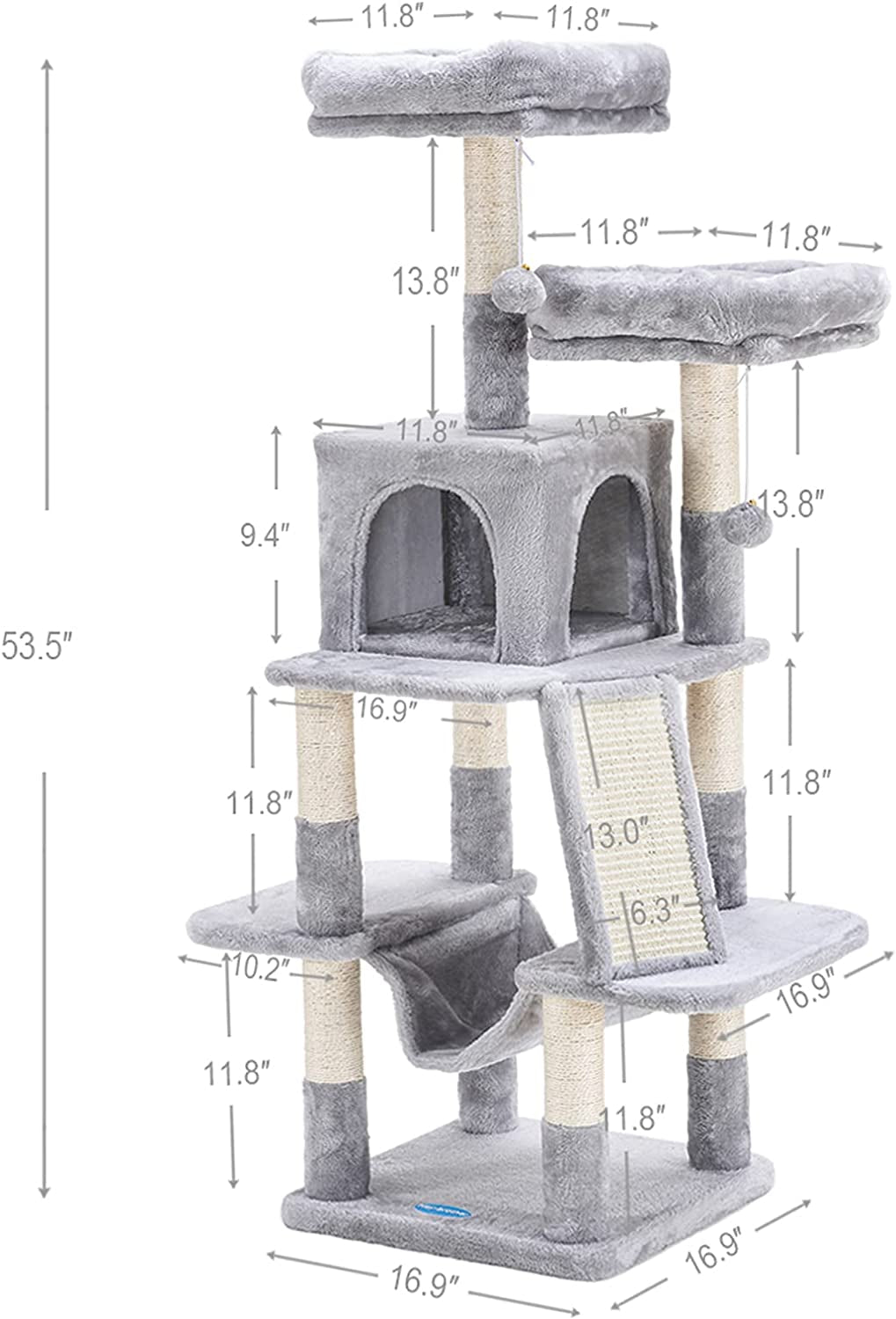 Cat Tree for Indoor Cats, 53 Inch Cat Tower with Scratch Posts, Sturdy Cat House with Cat Condo, 2 Well-Padded Cat Perches, Cat Hammock and Fur Balls Cat Toy Light Gray MPJ017W