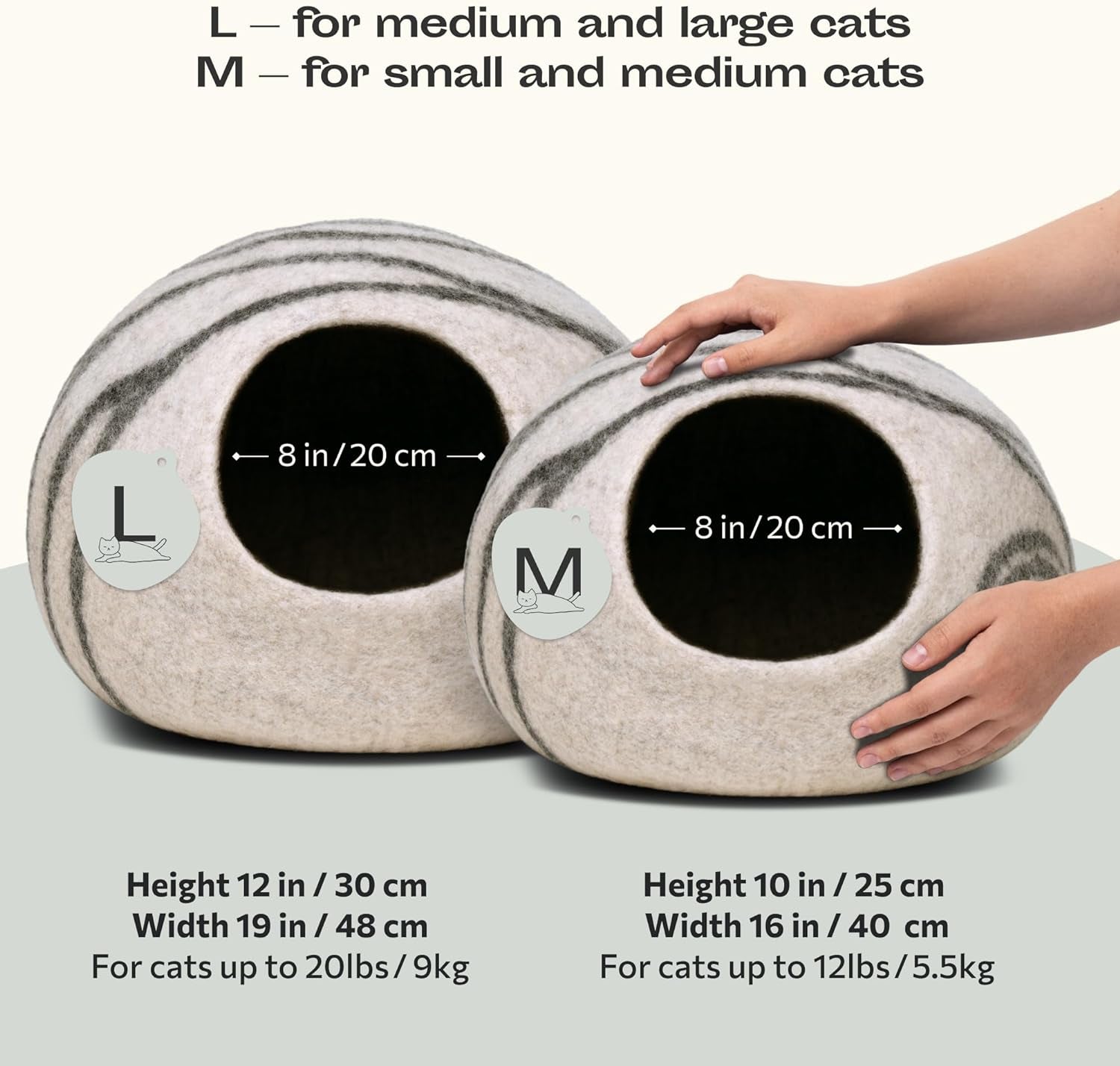 Cat Cave – Premium Felt Cat Bed for Indoor Cats, Handmade Merino Wool (Light Grey, Medium)