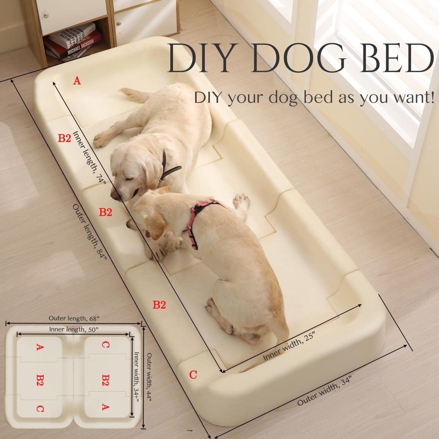 Size Adjustable Dog Bed, Orthopedic Dog Bed with Certipur-Us Foam, Waterproof Dog Bed with Removable Cover, Thick Dog Couch with 3 Side Bolsters for Jumbo Dog, Medium Dog and Large Dog