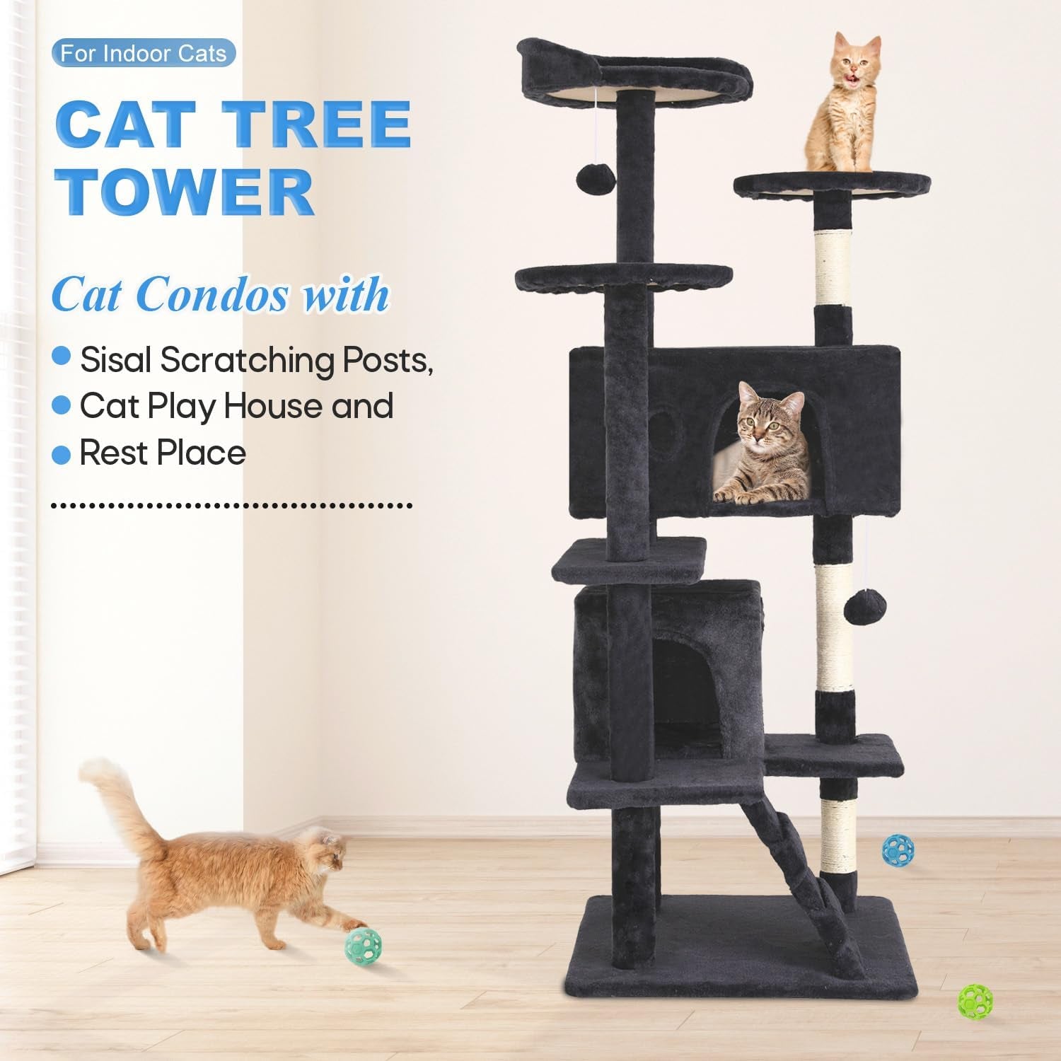| 54" Cat Tree Tower | Dark Gray | Multi-Level Indoor Activity Center with Sisal Scratching Posts, Condos, Plush Perches, Hanging Cat Toys | Sturdy, Easy to Assemble | for Kittens & Adult Cats