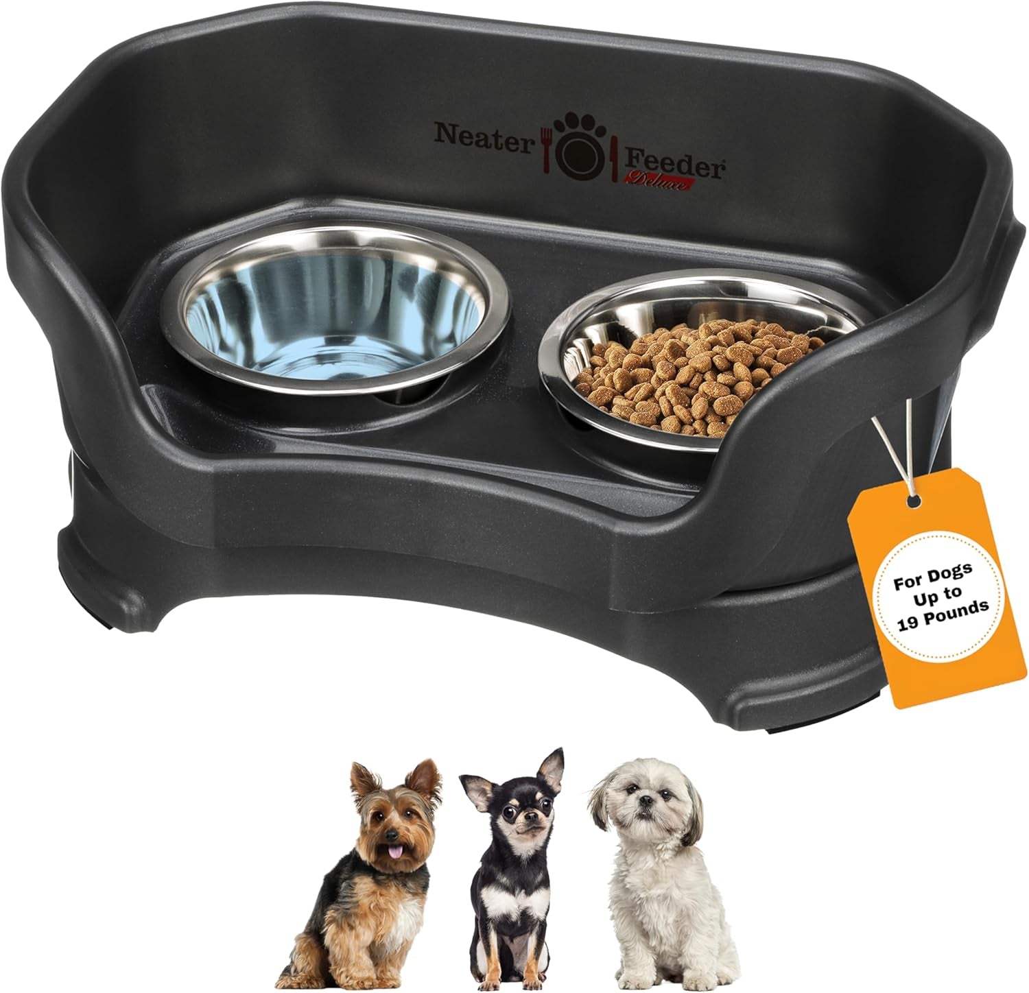 Neater Feeder Deluxe Mess-Proof Elevated Dog Bowls for Large Dogs (40+ Lbs), 2 Height Adjustable (14.5” & 17.5”) No-Spill Raised Dog Bowl Stand, Stainless Steel Food Bowl Set, Made in USA, Black