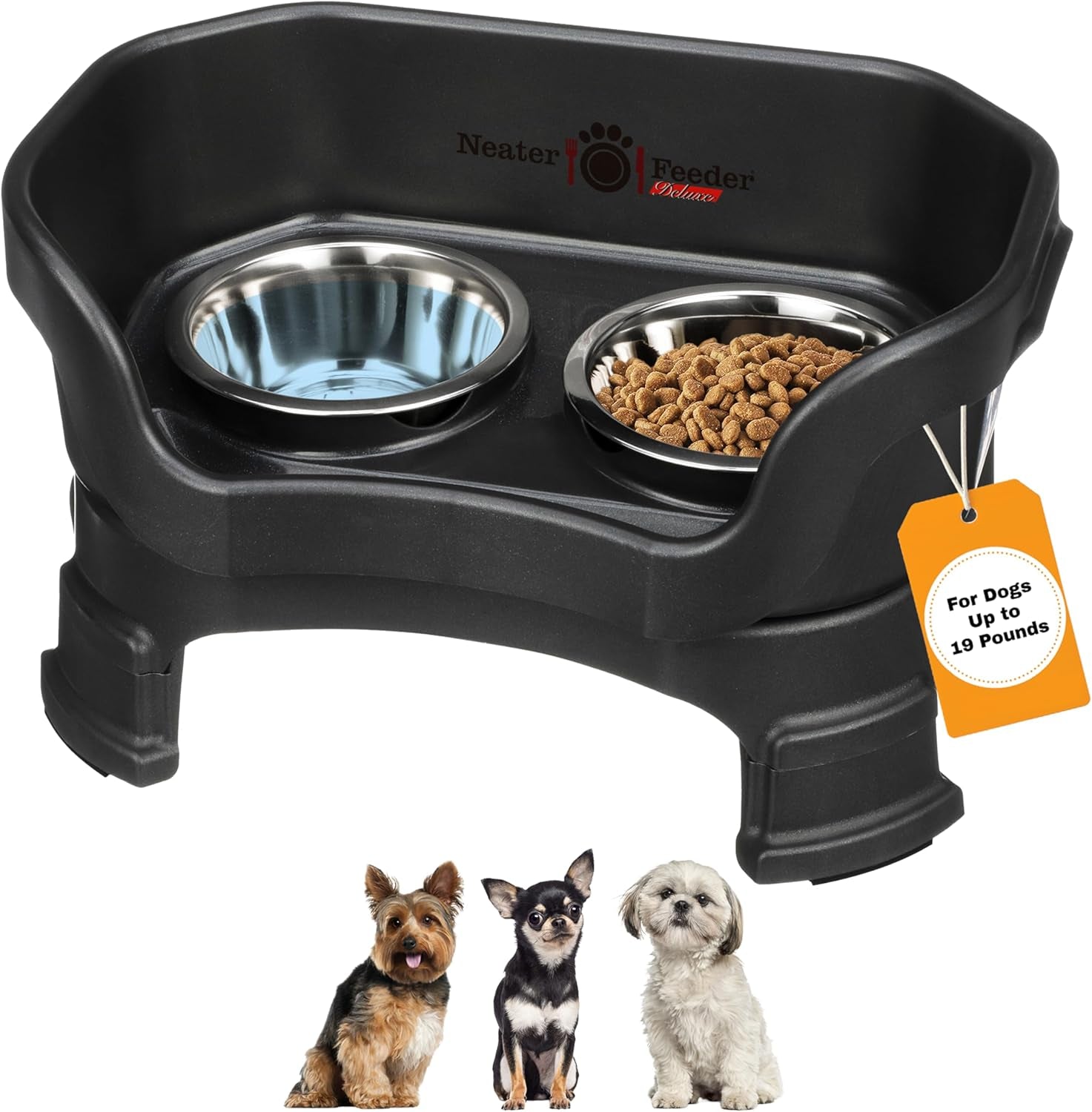 Neater Feeder Deluxe Mess-Proof Elevated Dog Bowls for Large Dogs (40+ Lbs), 2 Height Adjustable (14.5” & 17.5”) No-Spill Raised Dog Bowl Stand, Stainless Steel Food Bowl Set, Made in USA, Black