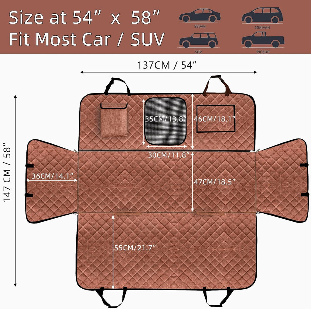 Car Dog Hammock - Waterproof Seat Cover with Mesh Window and Big Pocket for Back Seat - Nonslip Rubber Back, Washable Luxury Material for Car/Suv