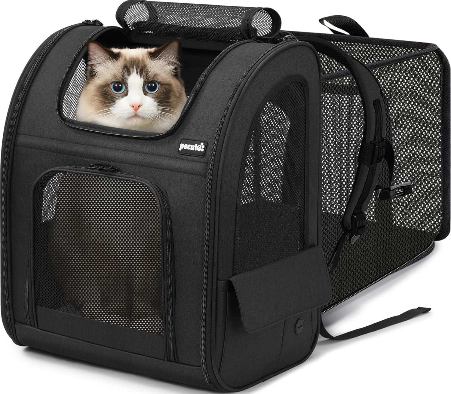 Cat Backpack Carrier Expandable, Pet Backpack for Cats & Small Dogs up to 11Lbs, with 4-Side Breathable Mesh, Multi-Entry & Lockable Zippers for Travel, Hiking, Camping - Hands Free, Blue