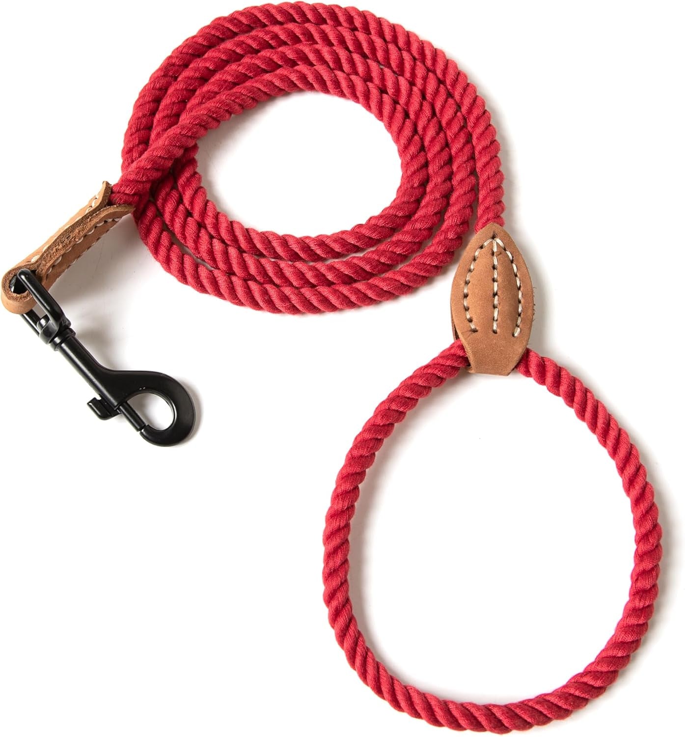 Dog Leash, Braided Cotton Rope Leashes with Leather Tailor Tip with Leather Tip - Heavy Duty Metal Clasp, 5FT, 1/2" Thick - Wedding, Walking Leash for Medium Large Dogs(Red)
