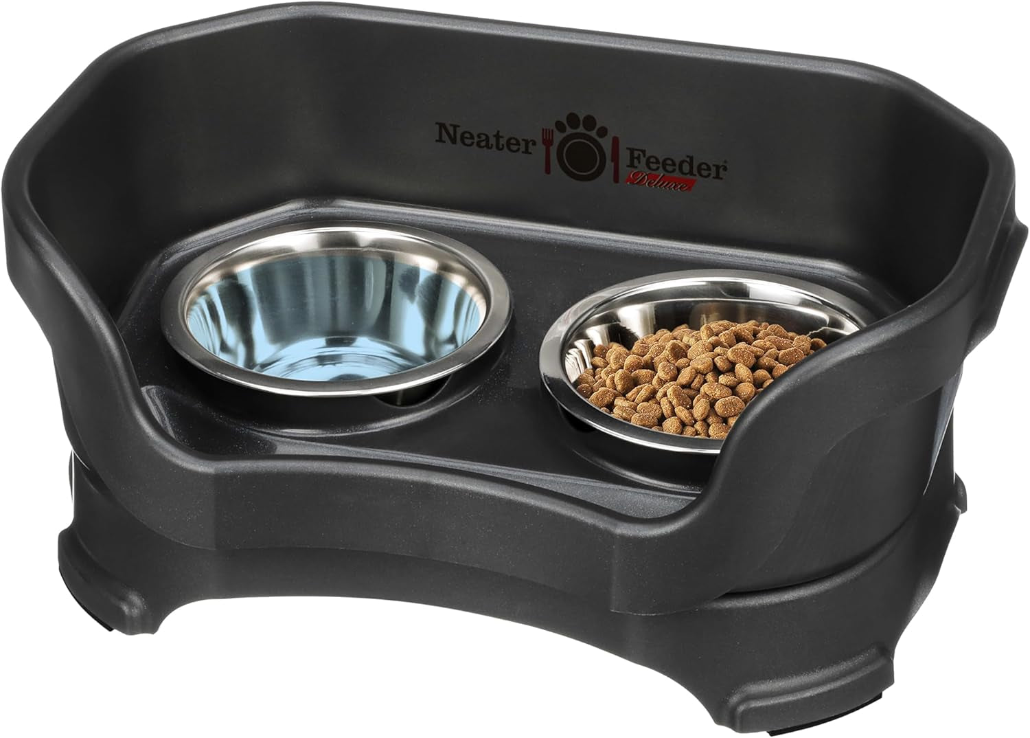 Neater Feeder Deluxe Mess-Proof Elevated Dog Bowls for Large Dogs (40+ Lbs), 2 Height Adjustable (14.5” & 17.5”) No-Spill Raised Dog Bowl Stand, Stainless Steel Food Bowl Set, Made in USA, Black