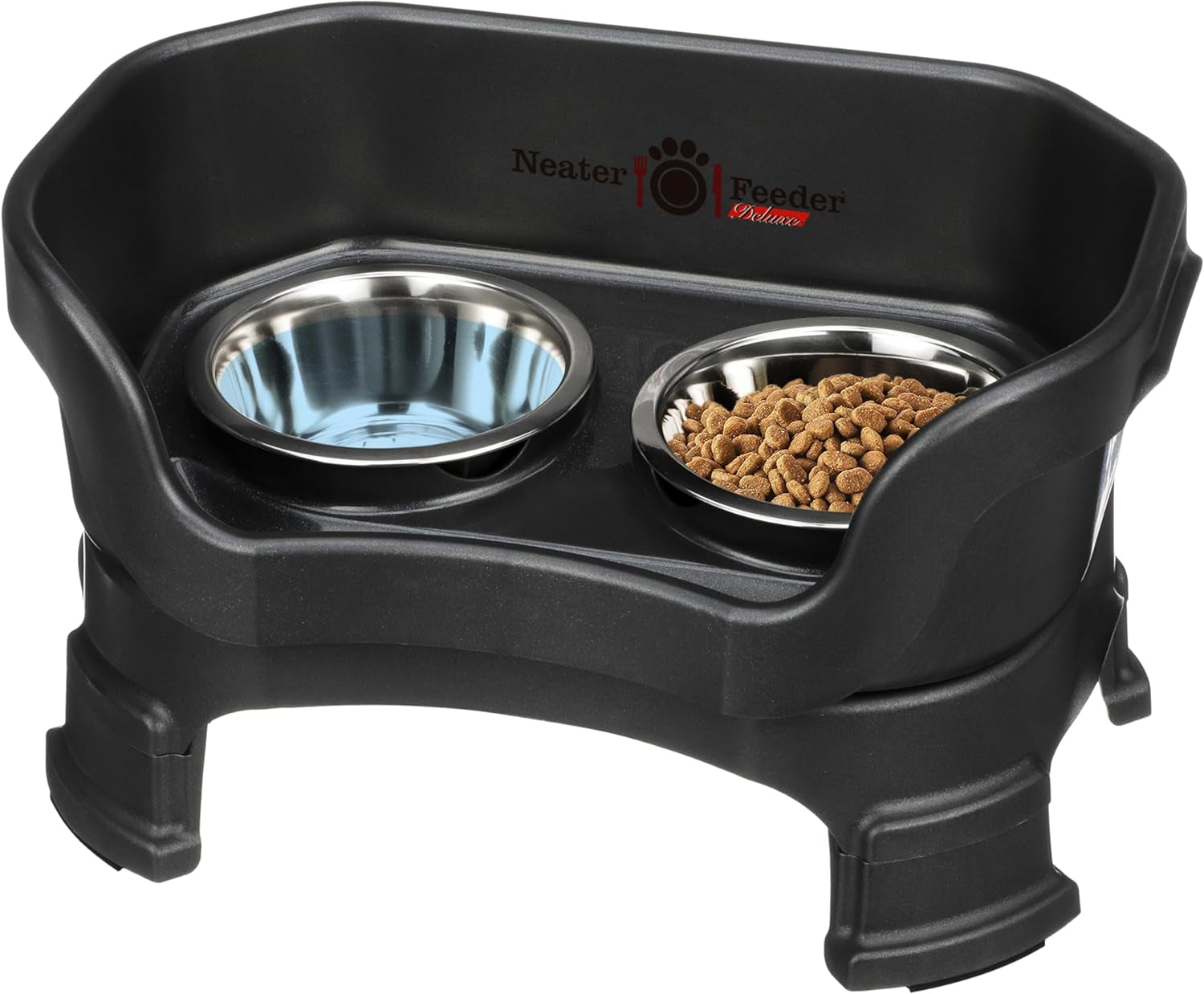 Neater Feeder Deluxe Mess-Proof Elevated Dog Bowls for Large Dogs (40+ Lbs), 2 Height Adjustable (14.5” & 17.5”) No-Spill Raised Dog Bowl Stand, Stainless Steel Food Bowl Set, Made in USA, Black