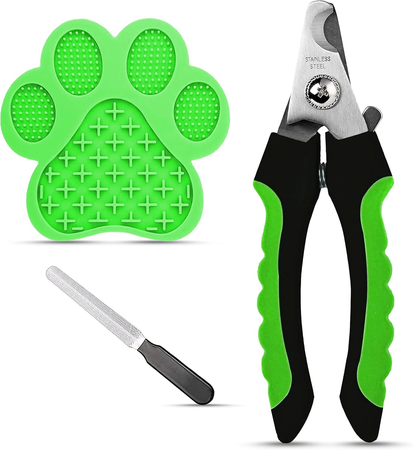 Superfunstuffs Dog Nail Clippers - Dog and Cat Pet Nail Trimmers with Nail File | Grooming Tool for Pets with Lick Mat - Professional Nail Clippers for Small Medium Large Breeds, Green