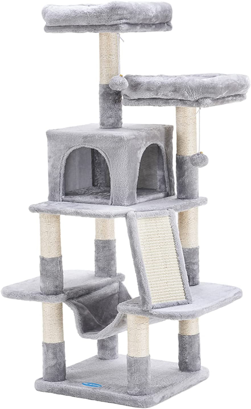 Cat Tree for Indoor Cats, 53 Inch Cat Tower with Scratch Posts, Sturdy Cat House with Cat Condo, 2 Well-Padded Cat Perches, Cat Hammock and Fur Balls Cat Toy Light Gray MPJ017W