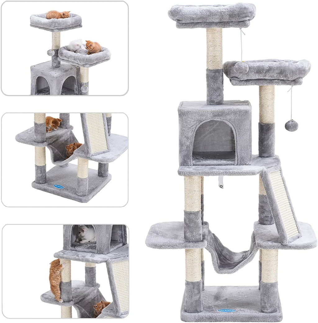 Cat Tree for Indoor Cats, 53 Inch Cat Tower with Scratch Posts, Sturdy Cat House with Cat Condo, 2 Well-Padded Cat Perches, Cat Hammock and Fur Balls Cat Toy Light Gray MPJ017W