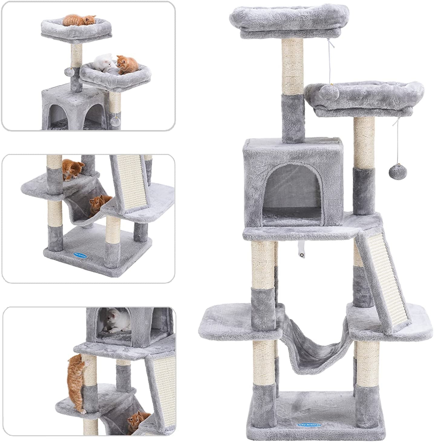 Cat Tree for Indoor Cats, 53 Inch Cat Tower with Scratch Posts, Sturdy Cat House with Cat Condo, 2 Well-Padded Cat Perches, Cat Hammock and Fur Balls Cat Toy Light Gray MPJ017W