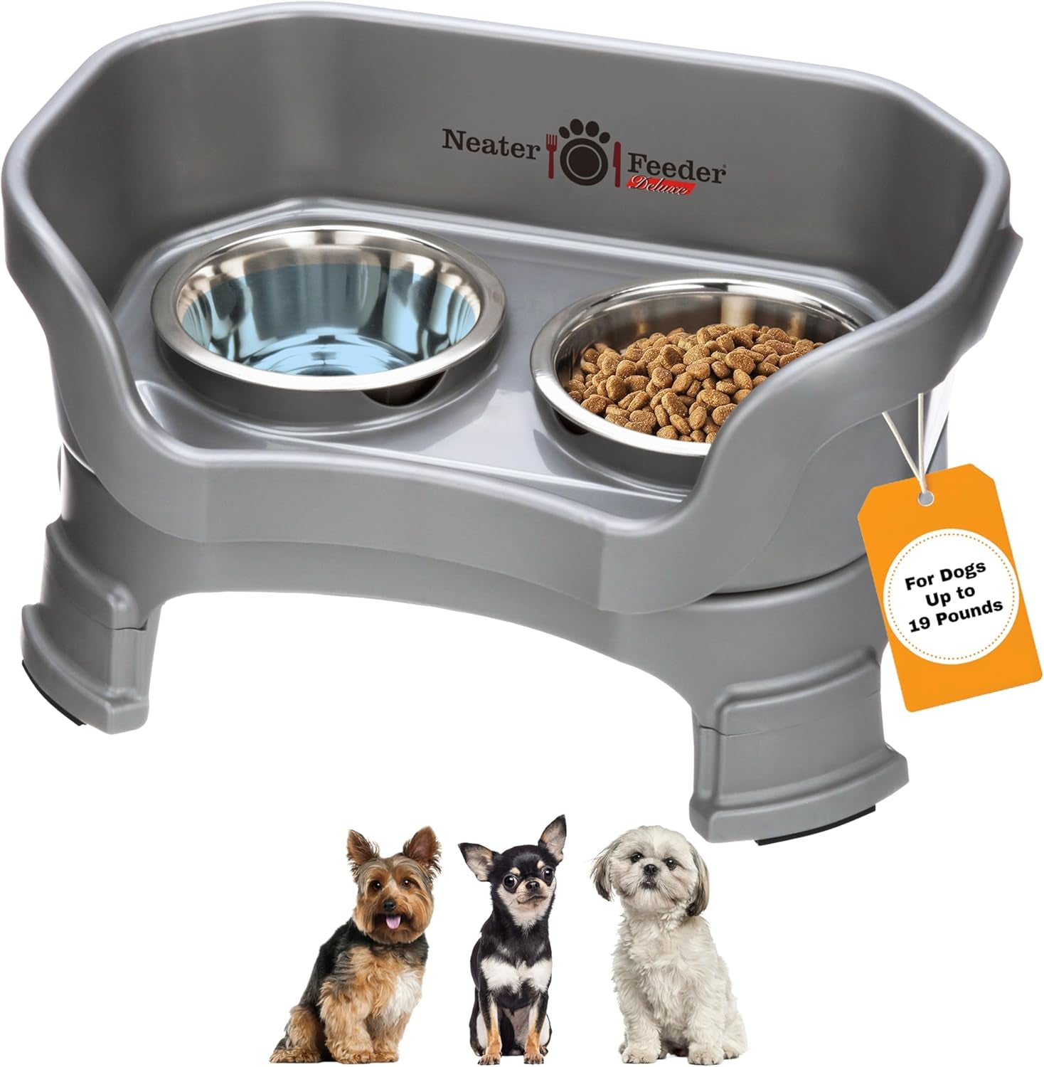 Neater Feeder Deluxe Mess-Proof Elevated Dog Bowls for Large Dogs (40+ Lbs), 2 Height Adjustable (14.5” & 17.5”) No-Spill Raised Dog Bowl Stand, Stainless Steel Food Bowl Set, Made in USA, Black