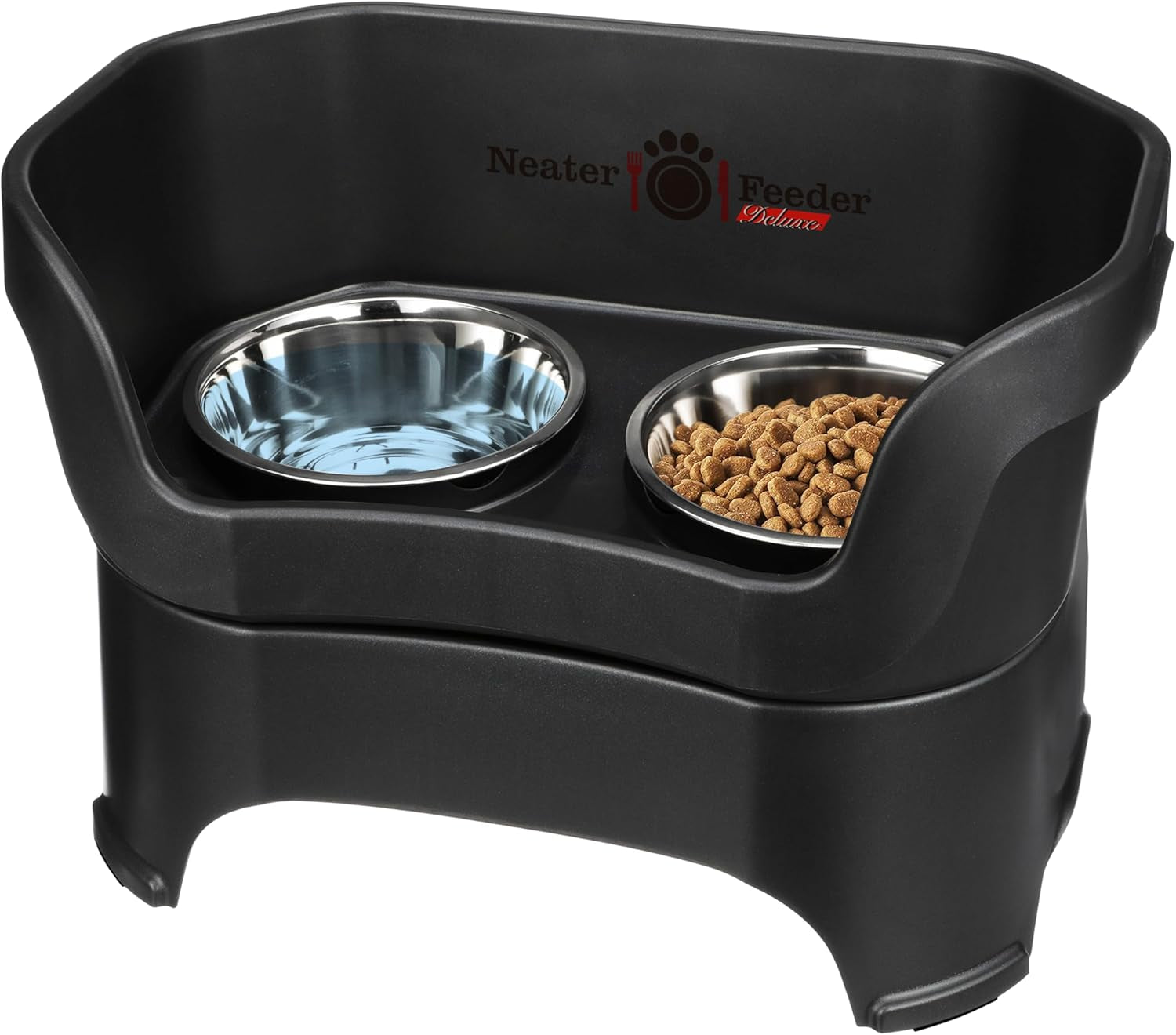 Neater Feeder Deluxe Mess-Proof Elevated Dog Bowls for Large Dogs (40+ Lbs), 2 Height Adjustable (14.5” & 17.5”) No-Spill Raised Dog Bowl Stand, Stainless Steel Food Bowl Set, Made in USA, Black