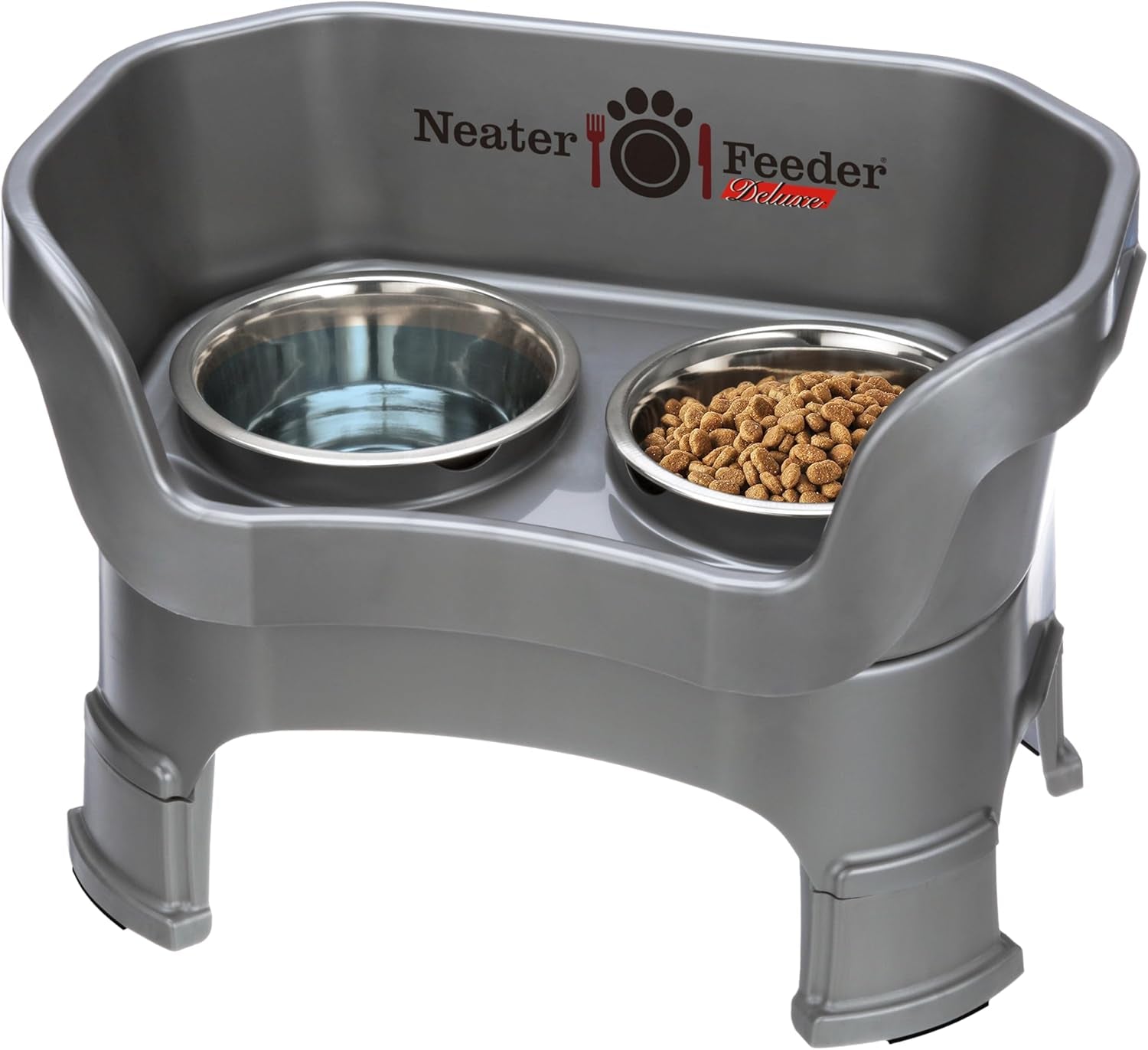 Neater Feeder Deluxe Mess-Proof Elevated Dog Bowls for Large Dogs (40+ Lbs), 2 Height Adjustable (14.5” & 17.5”) No-Spill Raised Dog Bowl Stand, Stainless Steel Food Bowl Set, Made in USA, Black