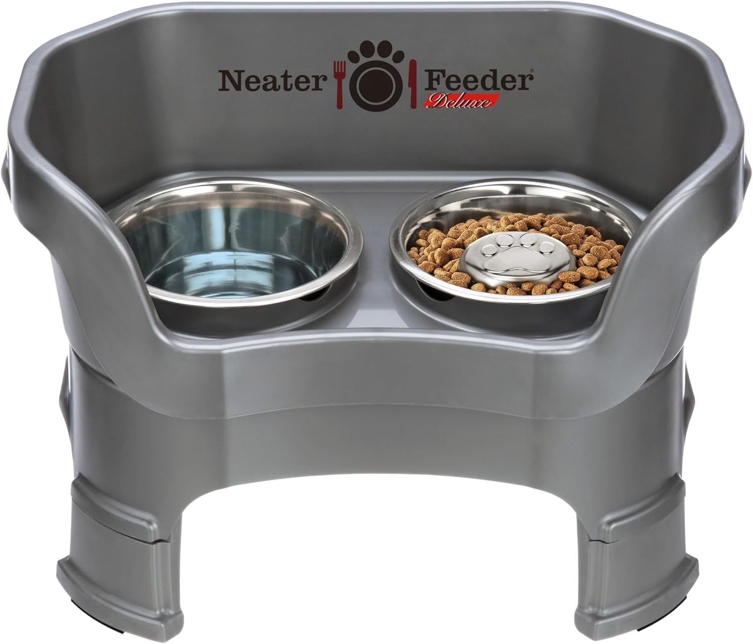 Neater Feeder Deluxe Mess-Proof Elevated Dog Bowls for Large Dogs (40+ Lbs), 2 Height Adjustable (14.5” & 17.5”) No-Spill Raised Dog Bowl Stand, Stainless Steel Food Bowl Set, Made in USA, Black