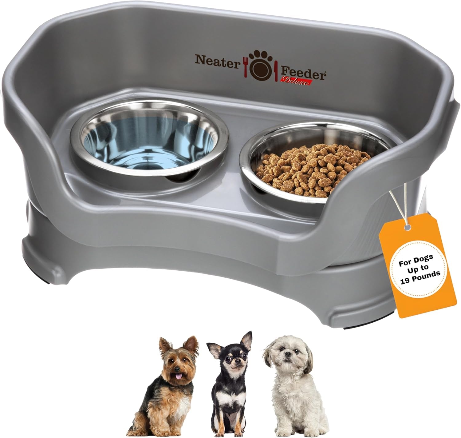 Neater Feeder Deluxe Mess-Proof Elevated Dog Bowls for Large Dogs (40+ Lbs), 2 Height Adjustable (14.5” & 17.5”) No-Spill Raised Dog Bowl Stand, Stainless Steel Food Bowl Set, Made in USA, Black