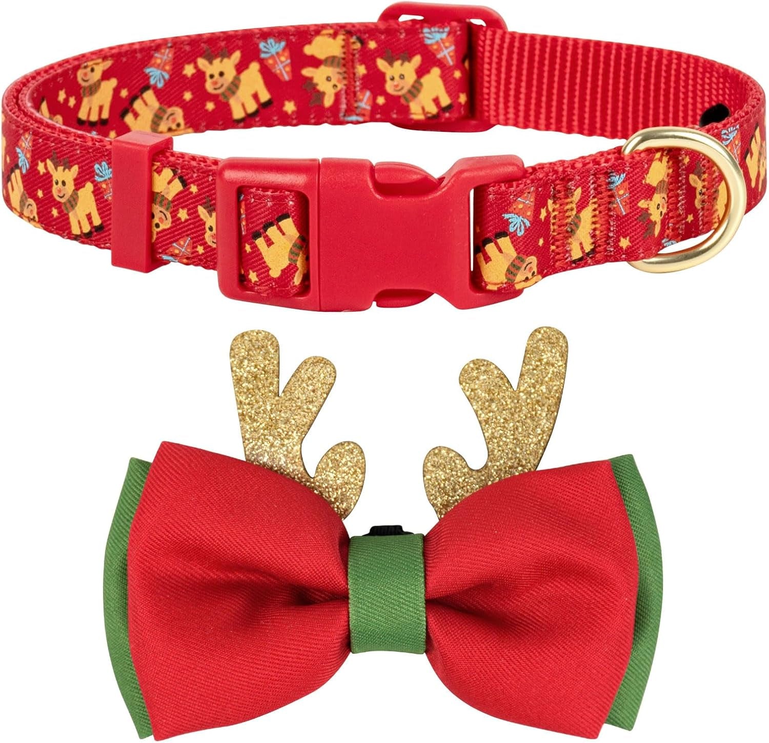 Christmas Dog Collar, Plaid Dog Collar and Cute Glitter Reindeer Antler with Bowtie, Soft & Comfy Xmas Dog Collars, for Large Dogs