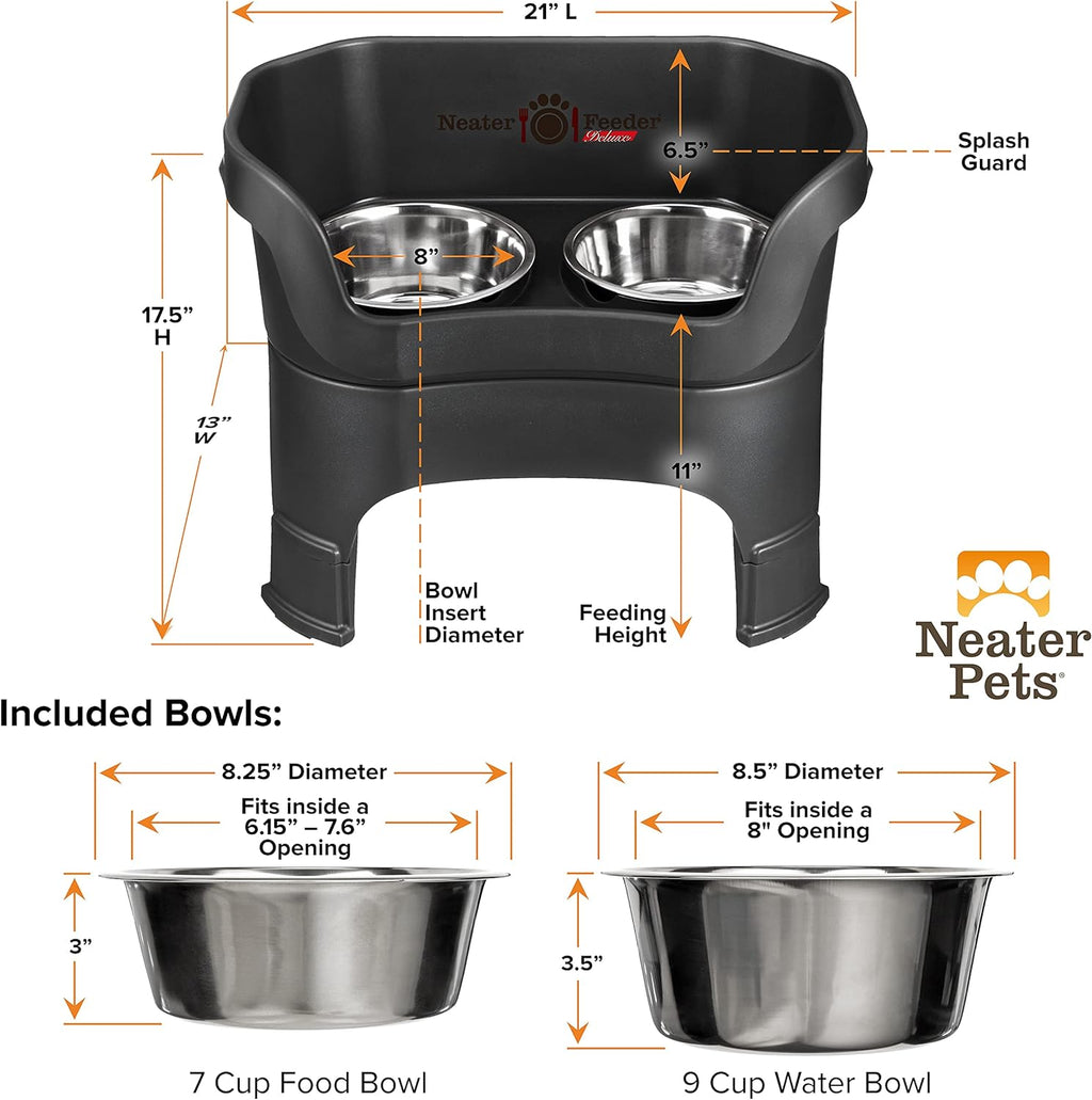 Neater Feeder Deluxe Mess-Proof Elevated Dog Bowls for Large Dogs (40+ Lbs), 2 Height Adjustable (14.5” & 17.5”) No-Spill Raised Dog Bowl Stand, Stainless Steel Food Bowl Set, Made in USA, Black