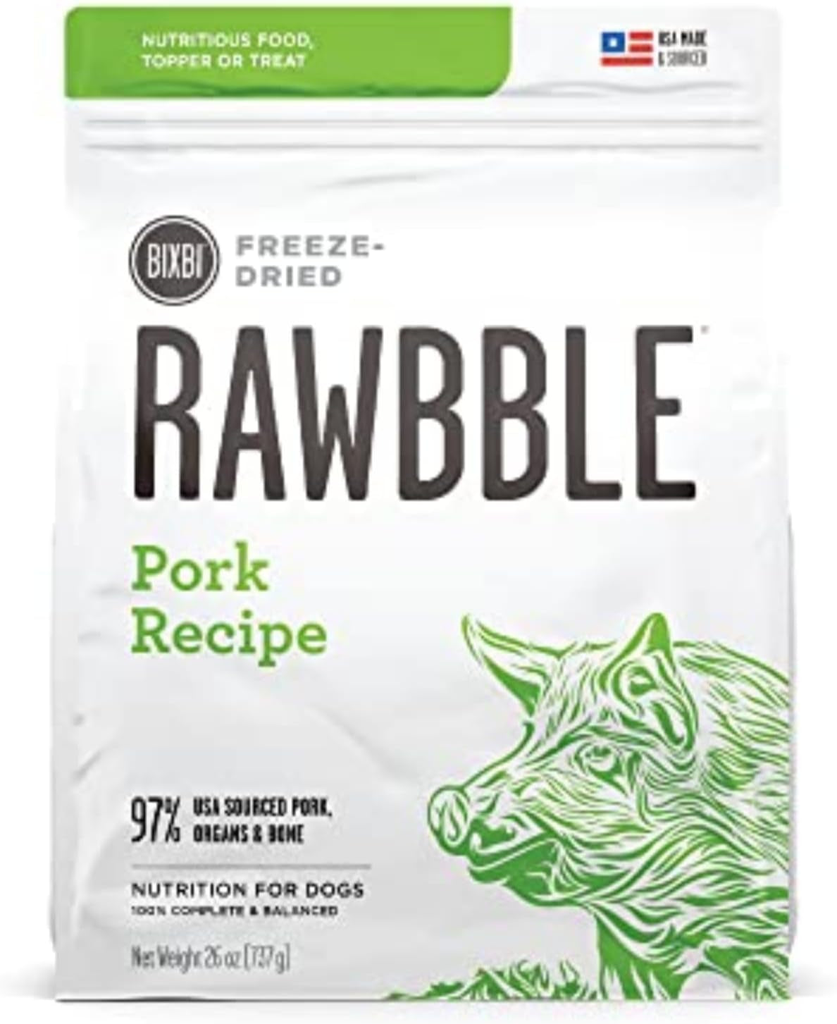 Liberty Freeze-Dried Dog Food Topper & Treats, Pork – 97% Meat & Organs, No Refrigeration – USA Made, 12 Oz