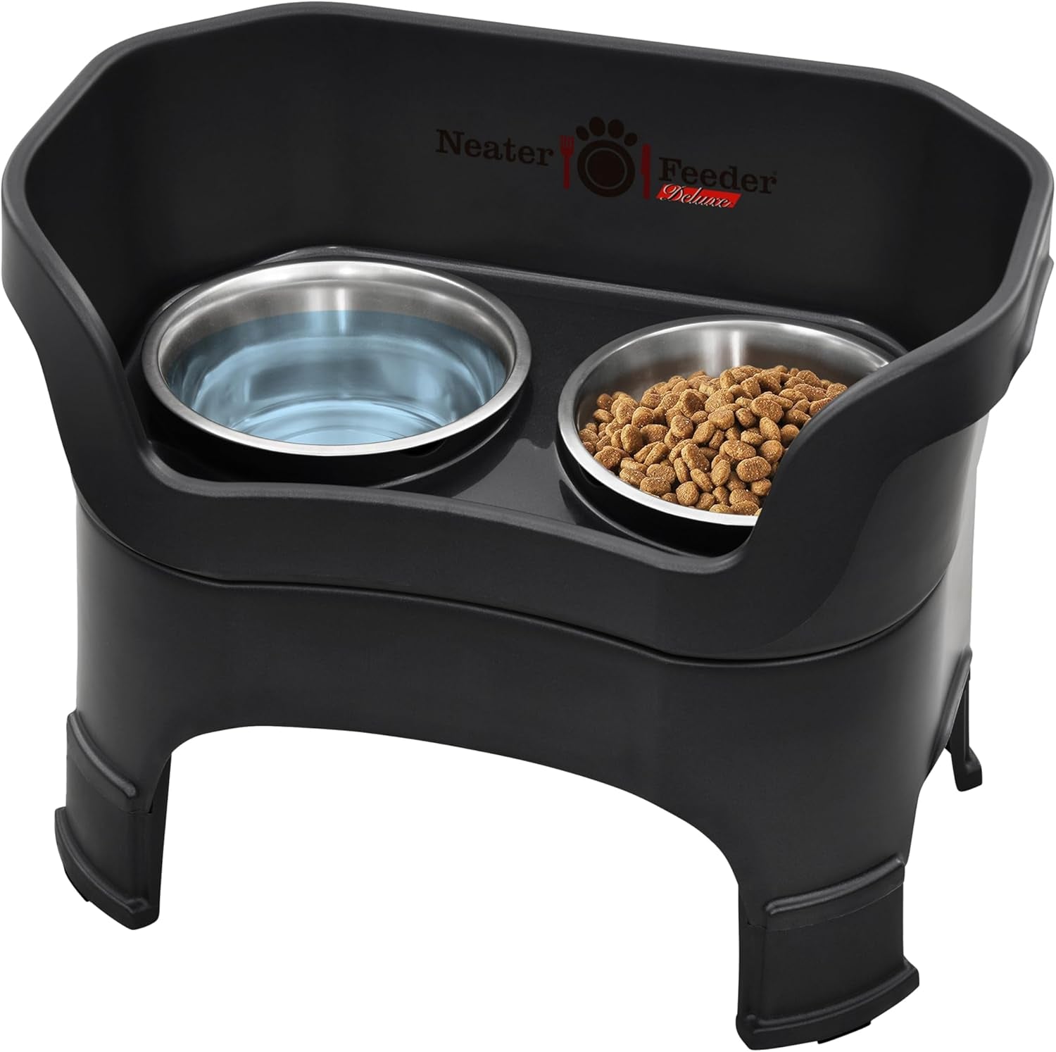Neater Feeder Deluxe Mess-Proof Elevated Dog Bowls for Large Dogs (40+ Lbs), 2 Height Adjustable (14.5” & 17.5”) No-Spill Raised Dog Bowl Stand, Stainless Steel Food Bowl Set, Made in USA, Black